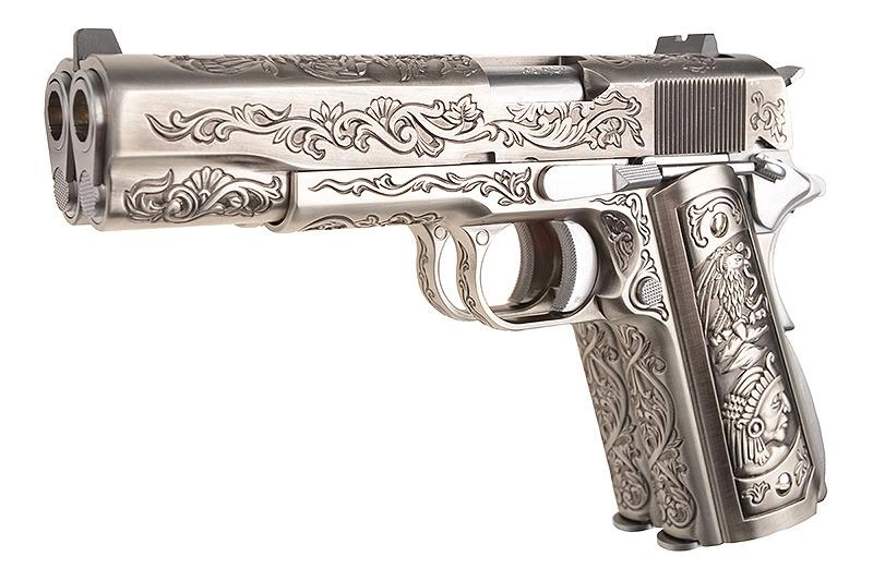 WE Engraved M19Double Barrel handgun, Gas pistol, Silver