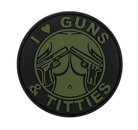 "I love Guns and Titties"-velkromerkki, 3D,  musta / vihreä