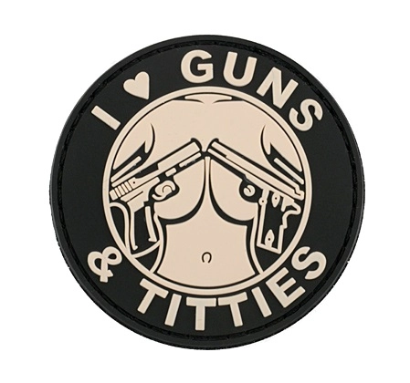 "I love Guns and Titties"-velkromerkki, 3D,  musta / valkoinen